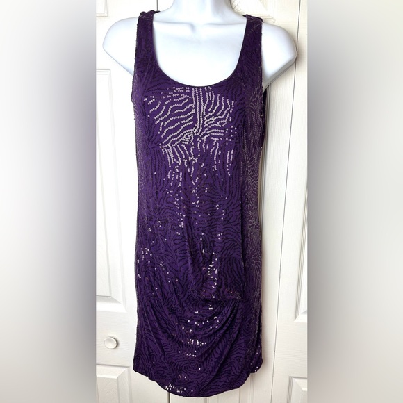 VELVET Graham Spencer Larissa Sequin Dress Scoop Ruched Party Cocktail Purple - Picture 2 of 10